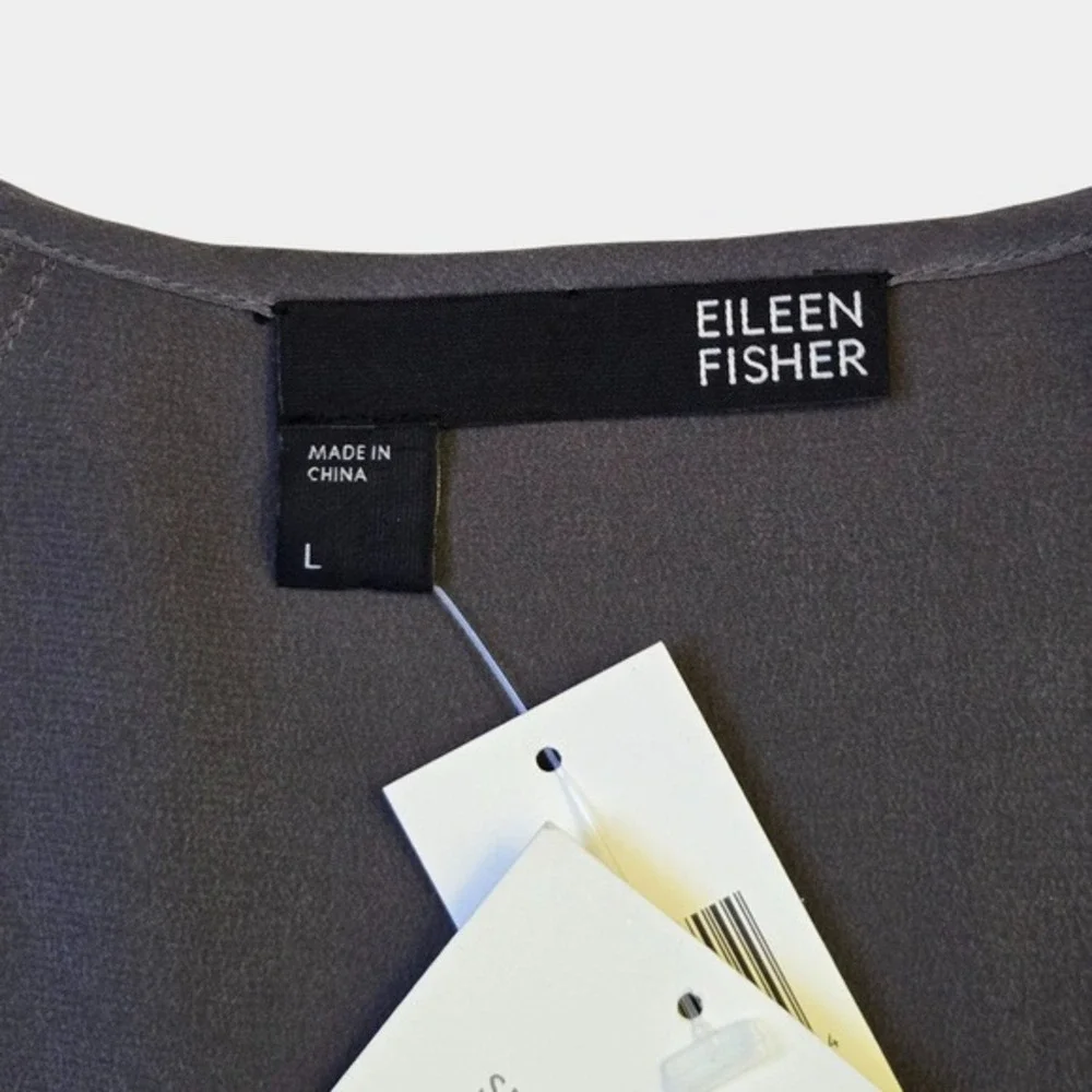 Eileen Fisher Silk Crepe de Chine Round Neck Easy Top Gray L Quiet Luxury NWT - Picture 5 of 11